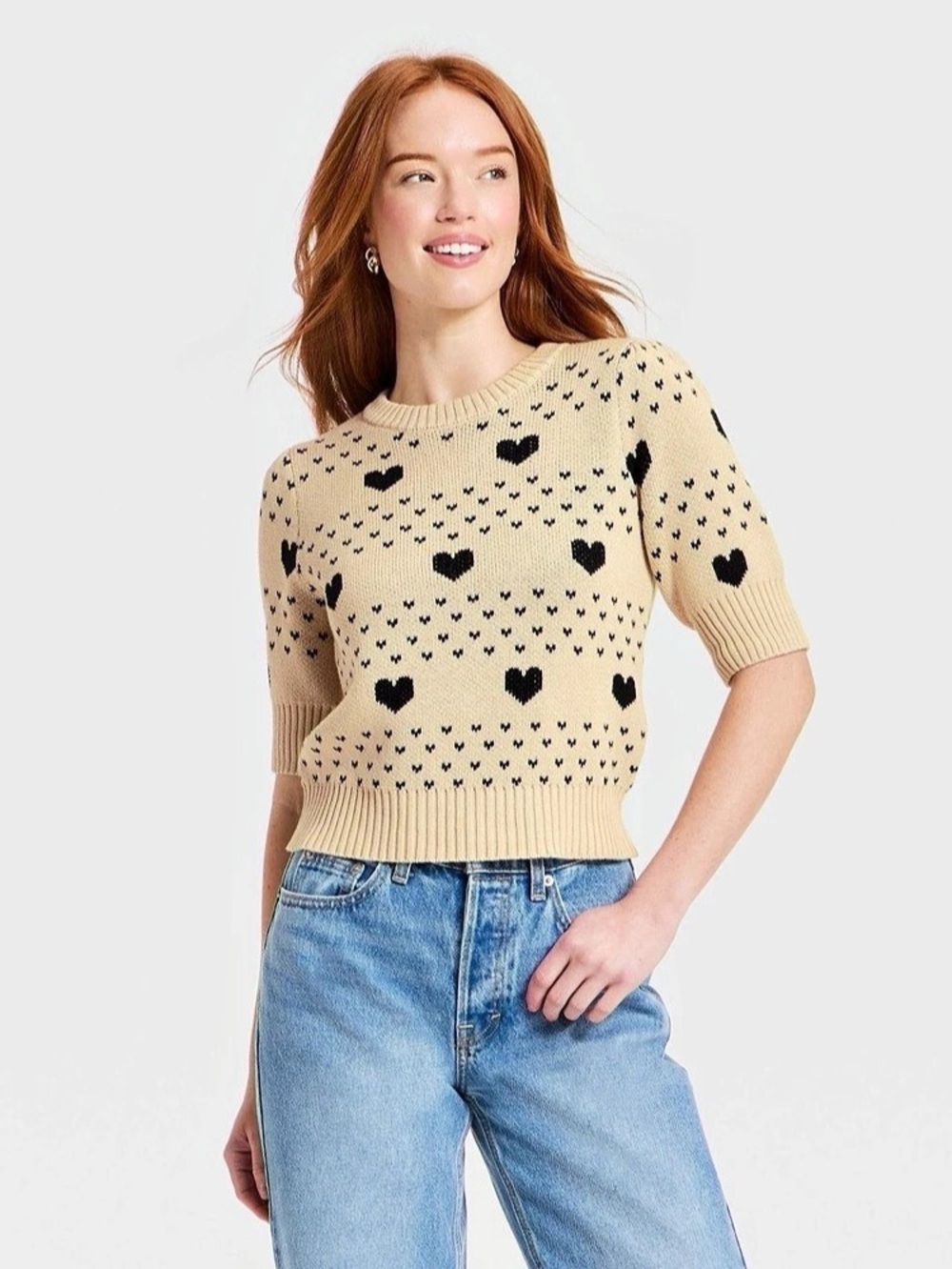 Universal Thread Women's Heart Pattern Short Sleeve Crewneck Sweater Medium